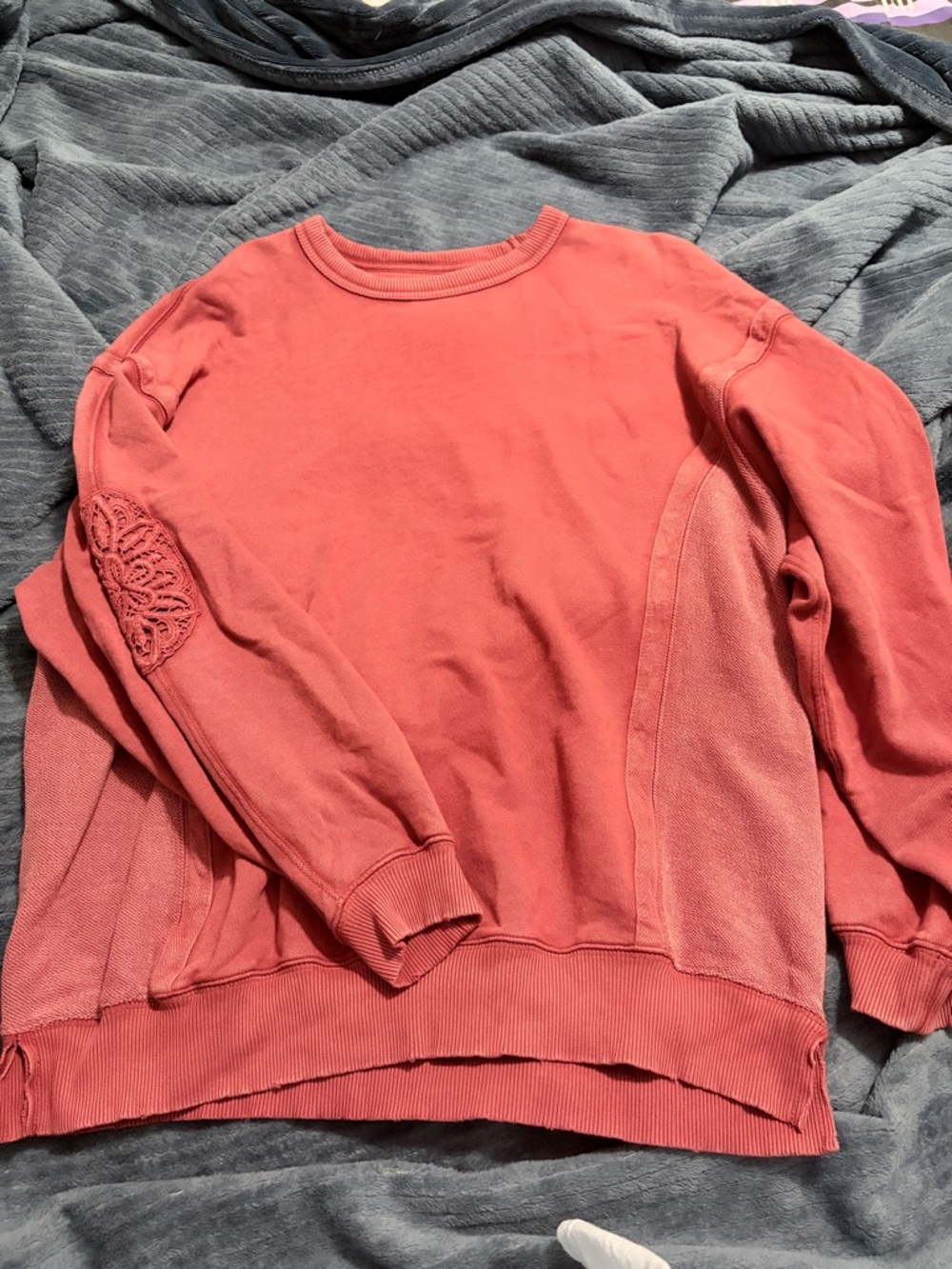 aerie Coral Crewneck Sweatshirt with Crochet Elbow Detail